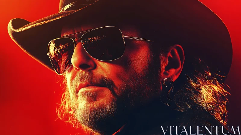 Cinematic cowboy portrait under saturated red backlighting.