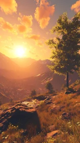 Golden mountain valley sunset with glowing ridgeline path.
