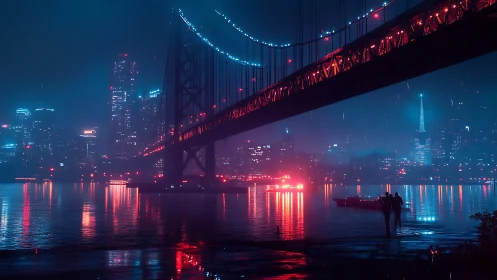 Neon bridge spans rainy cyberpunk city harbor at night