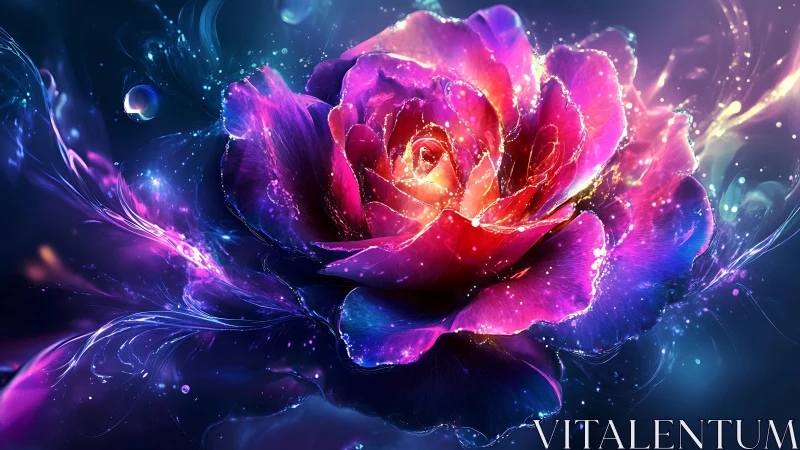 Luminous cosmic rose blossoming in radiant neon aura.