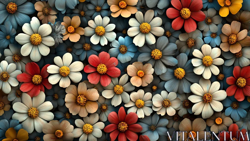 Dense digital field of layered multicolored daisy blooms