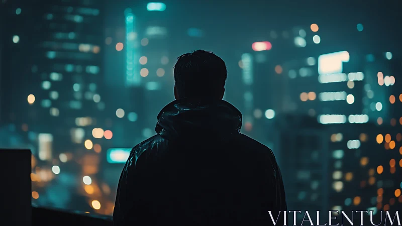 Backlit figure studies bokeh-heavy neon city skyline at night