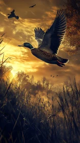 Golden marsh sunrise with wild ducks taking flight.