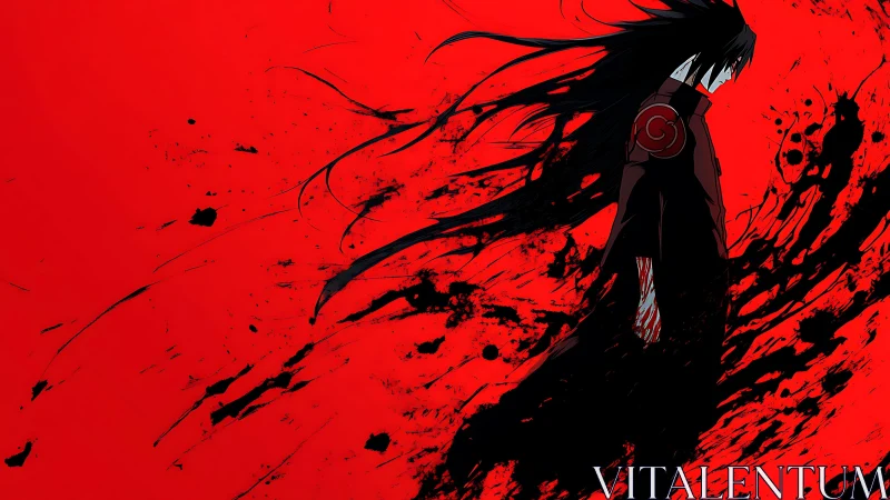 Dark anime warrior stands in a storm of splattered shadows