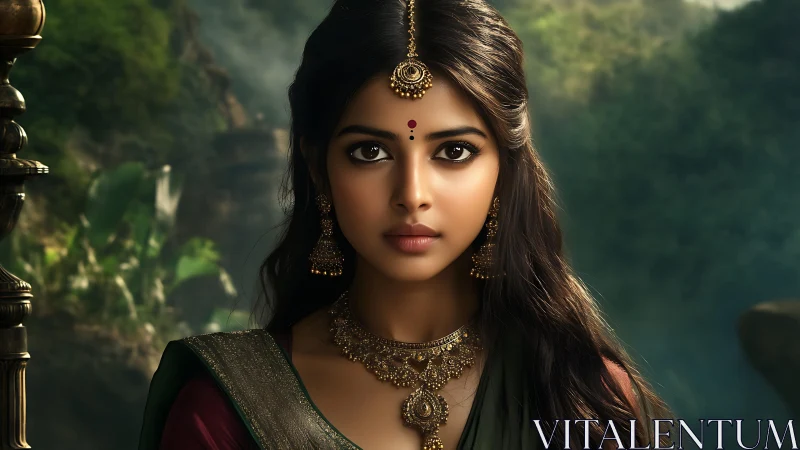 Regal portrait of woman in traditional gold jewelry.