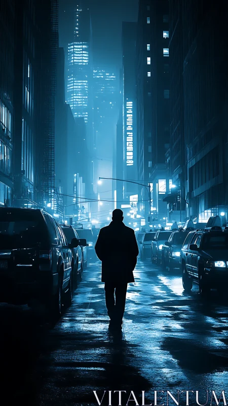 Solitary figure walking through blue neon city street.