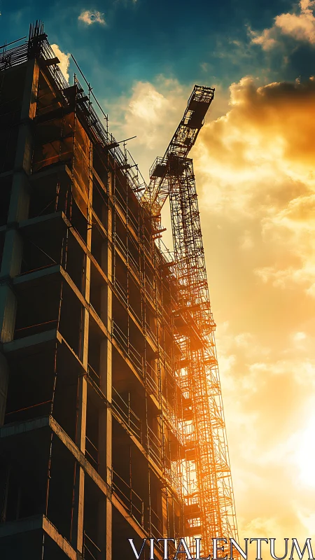 Structural framework under construction with equipment silhouettes against golden sky