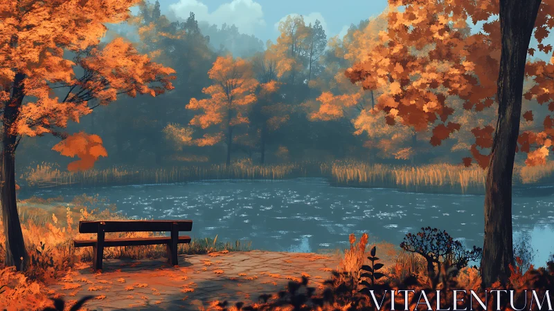 Autumn park bench by still lake under orange foliage.
