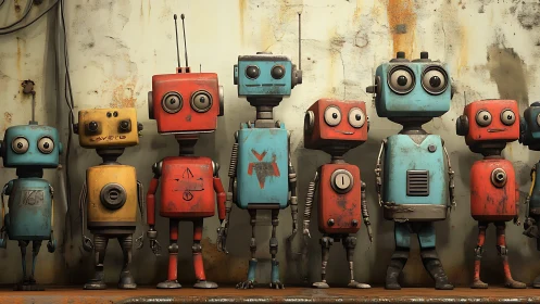 Row of colorful vintage robots against worn wall backdrop.