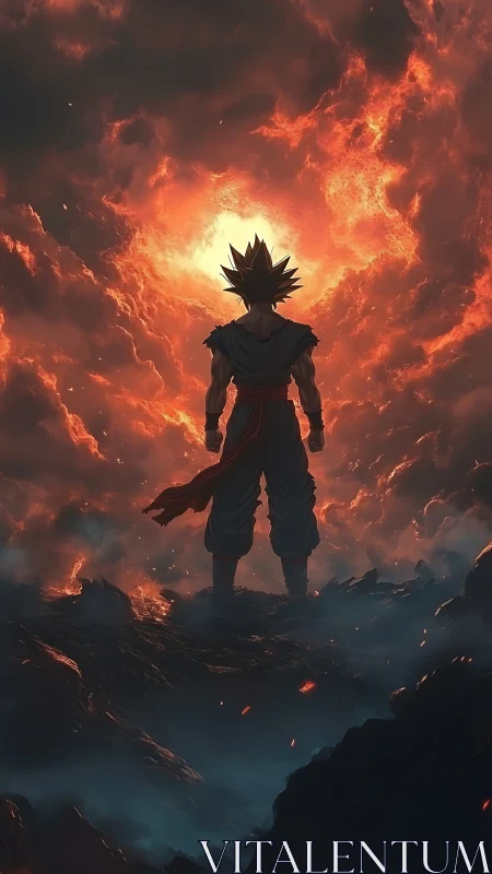 Saiyan warrior faces burning storm sky in silhouette.