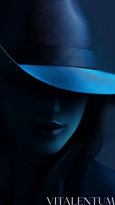 Woman in shadowed fedora under cool blue studio light.