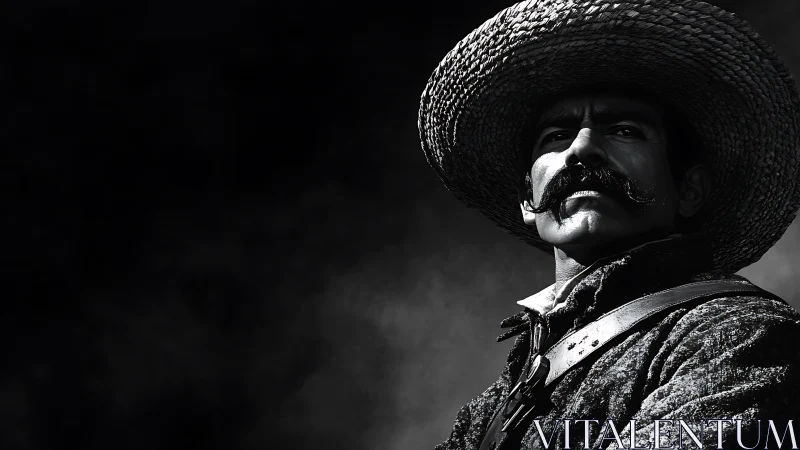 Stoic cowboy in shadowed smoke gazes into distant horizon