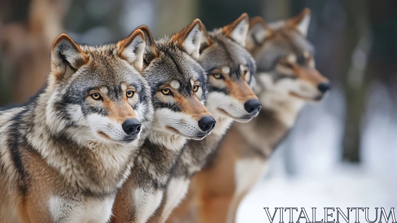 Four gray wolves aligned in snowy forest landscape.