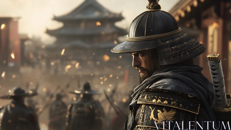 Armored samurai stands in profile amid burning courtyard