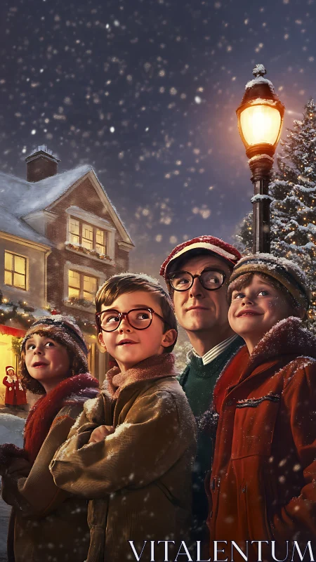 Family watches falling snow under warm streetlamp glow.