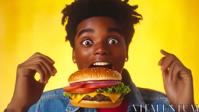 Wide-eyed teen about to bite cheeseburger against yellow backdrop