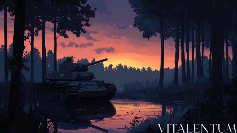 Military tank near forest water under sunset sky period
