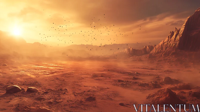 Digital painting of sunlit Martian desert basin in haze.