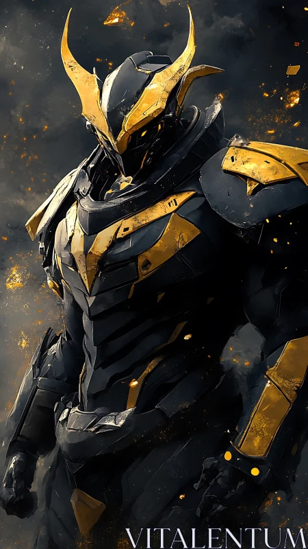 Armored humanoid figure stands in black and gold exosuit