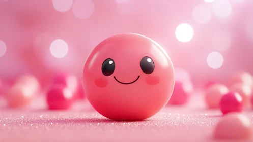 Glossy Pink Sphere Grins Against Shimmering Bokeh