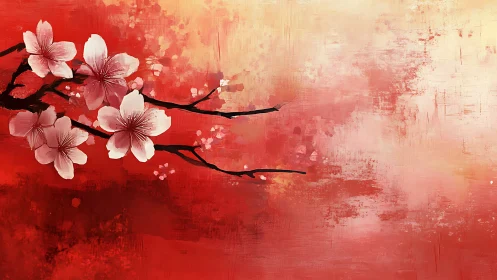 Cherry blossom branch extends across red textured field