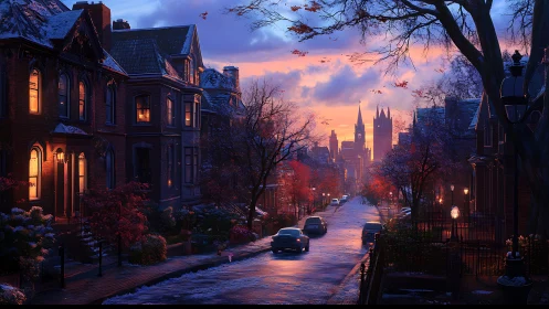 Twilight city street renders volumetric dusk lighting and wet snow