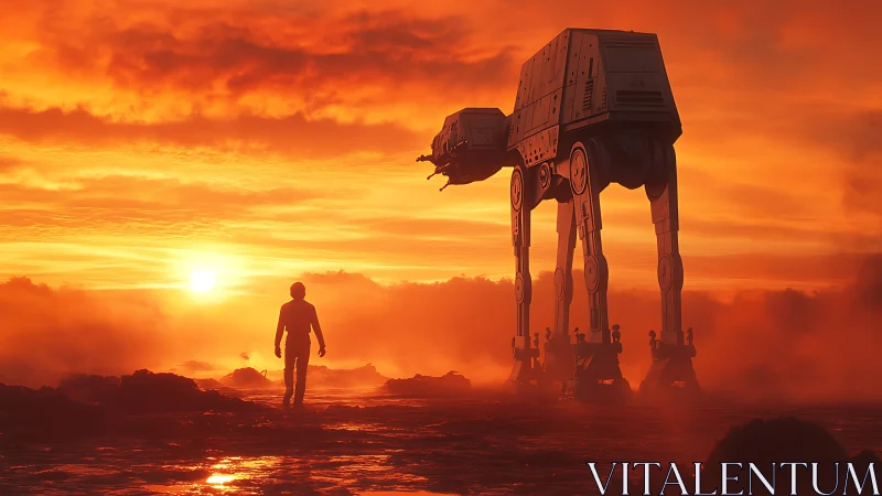 Silhouette of person and walker robot in dense orange sunset sky