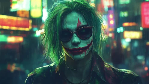 Neon-soaked clown visage in rainy cyber-urban streetscape.