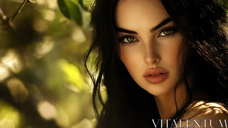 Golden-eyed beauty in dappled forest light, softly glowing.