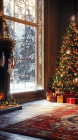 Golden holiday glow beside a snowy windowed winter view.