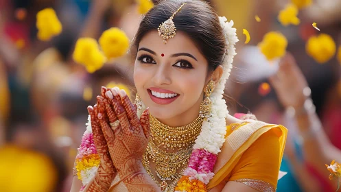 Smiling Indian bride in traditional wedding attire outdoors.