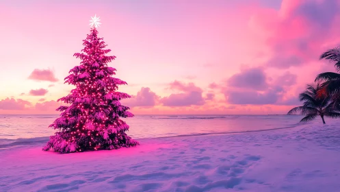 Pink lit Christmas tree on tropical beach at sunset.