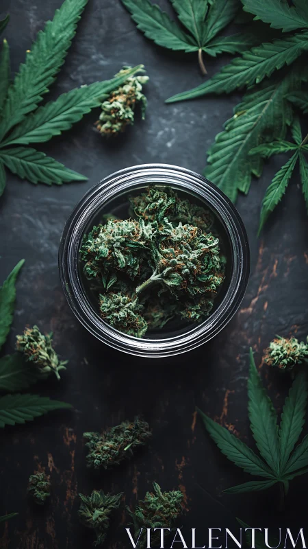 Cannabis buds rest in a glass jar amid rich green leaves