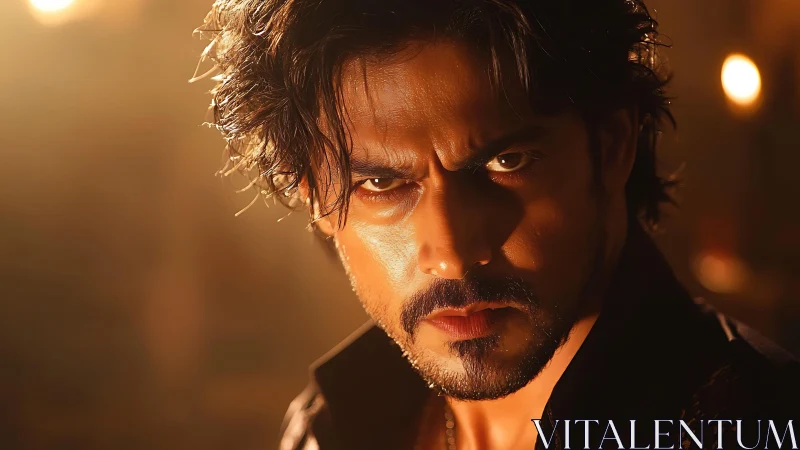 Male subject under strong directional warm key lighting