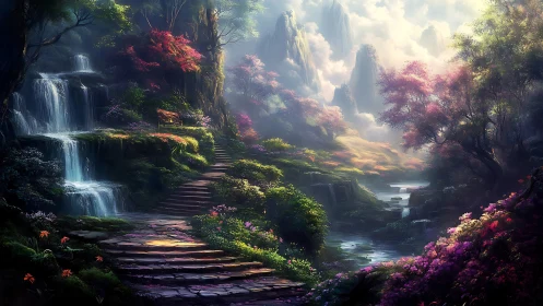 Stone path winds through luminous waterfall fantasy valley
