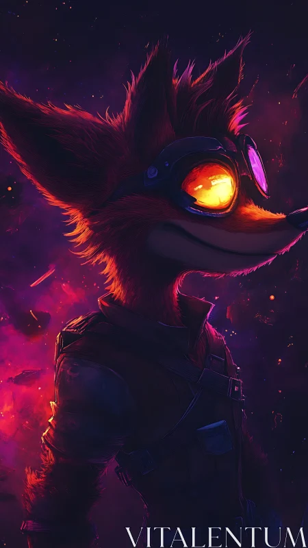 Galactic fox pilot with glowing visor in nebula light.