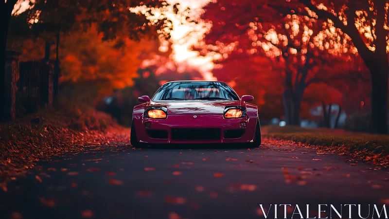 Red sports car glides under vivid autumn canopy at dusk