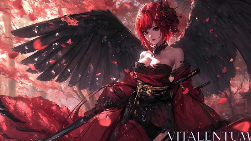 Scarlet-winged warrior angel stands amid drifting petals.