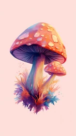 Vibrant digital mushrooms with dewdrops on pastel field.