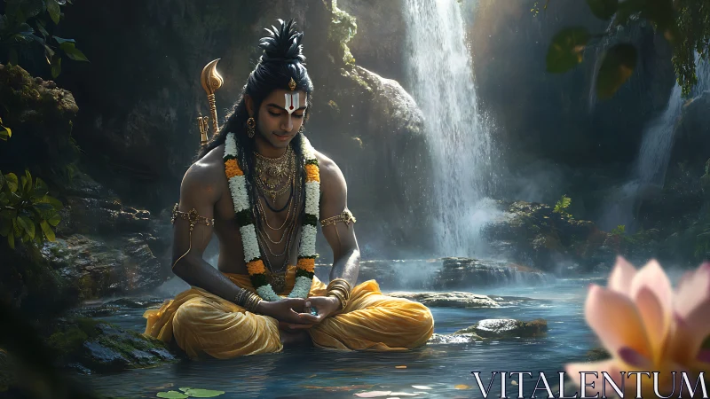 Waterfall hush cradles the meditating deity in liquid light