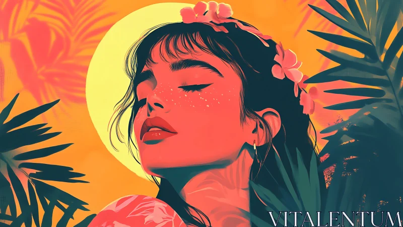 Tropical digital portrait with sunlit halo and foliage bloom.