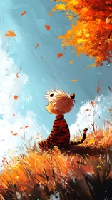 Child in tiger suit gazes at autumn sky in stylized profile