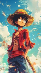 Straw hat adventurer standing under windswept skies.