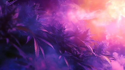 Vibrant cannabis foliage rendered in neon magenta volumetric haze