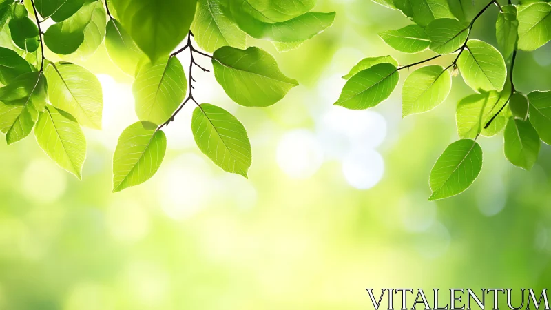 Fresh green leaves on tree branches with sunlit bokeh background.