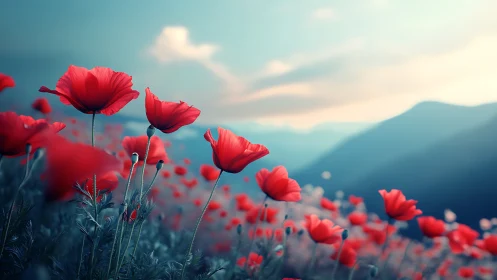 Red poppies in mountainous landscape with atmospheric depth.