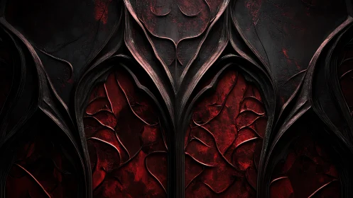 Dark red organic arches with layered textured surfaces.