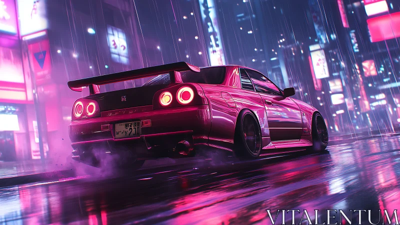 Neon-soaked drift coupe under cyber-urban rainfall dynamics.