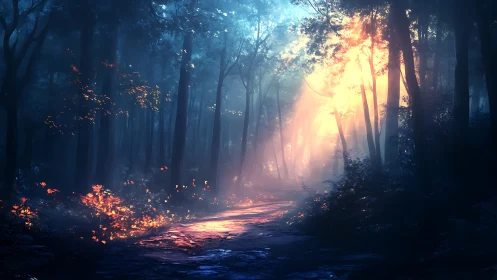 Enchanted Forest Pathway Bathed in Golden Mystical Light.