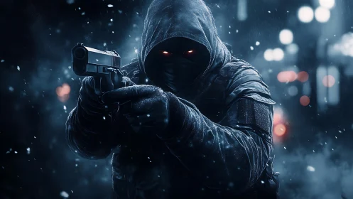 Hooded night marksman with ember eyes in neon snowfall.